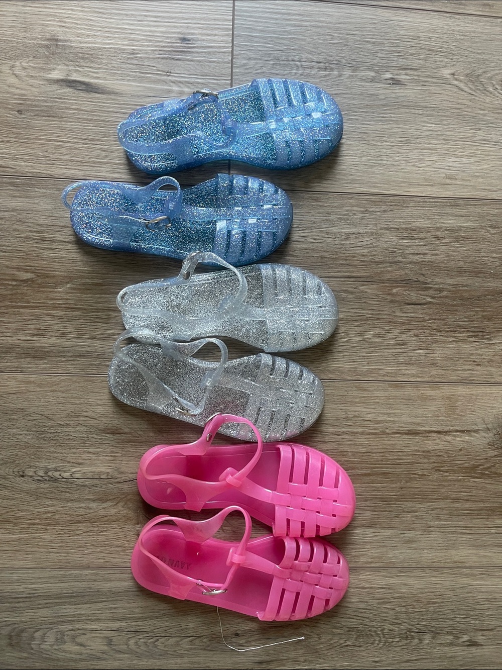 Old Navy Kids Glitter Jelly Sandals in Blue, Silver, and Pink